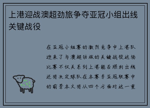 上港迎战澳超劲旅争夺亚冠小组出线关键战役